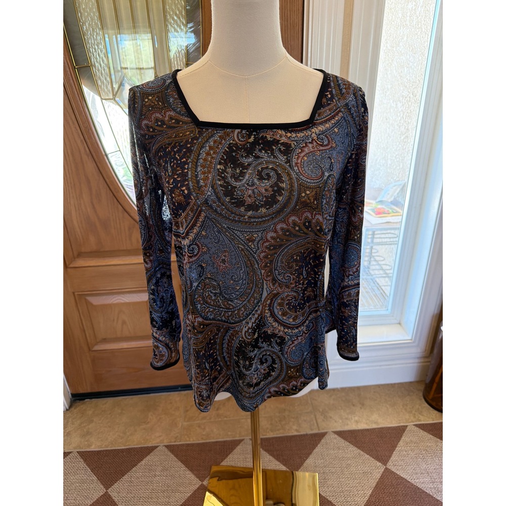 Womens Blue Brown Paisley Square Neck Long Sleeve Glitter Mesh Top Medium